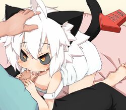 animal_ears barefoot black_sclera cat_ears cat_tail fellatio female oral original sweat tail teranekosu white_hair yellow_eyes