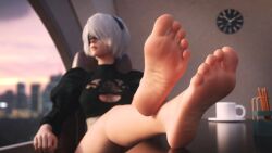 1girls appy-sama barefoot blender_(software) clothed clothing feet female female_focus female_only foot_fetish foot_focus hairband indoors light-skinned_female light_skin nier:_automata pov short_hair sitting soles solo toes white_hair yorha_2b