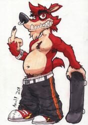 1boy 2020 2020s armpit_hair artist_name azul_(artist) baggy_pants belly belly_button black_claws black_eyebrows bulge chest_tuft chin_tuft claws dated fangs footwear male male_only middle_finger nose_piercing piercing pubic_hair pubic_hair_peek red_eyes red_fur simple_background skateboard solo tan_fur two_tone_fur underwear video_games visible_underwear white_background wolf