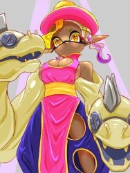 1girls big_breasts breasts dark-skinned_female ear_piercing fangs frye_(splatoon) halloween_costume microskirt open_mouth pointy_ears purple_fingers purple_hair purple_mouth short_skirt skirt splatoon splatoon_3 t2ukmyjm thighs two-tone_hair yellow_eyes yellow_hair