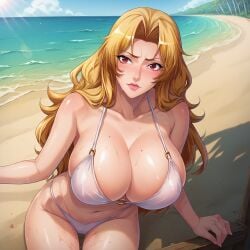 ai_generated alicia_viewstream beach big_breasts bikini bikini_bottom bikini_top bimbo blonde_hair blush cleavage collarbone female female_focus female_only highres huge_breasts kangoku_senkan kangoku_senkan_2 legs light-skinned_female light_skin lilith-soft lips lipstick long_hair looking_at_viewer mature_female ocean outdoors palm_tree red_eyes shade sitting sweat sweatdrop taimanin_(series) thick_thighs thighs tropical voluptuous voluptuous_female water