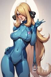 1girls ai_generated big_breasts breasts cosplay cynthia_(pokemon) metroid pokemon yellow_hair zero_suit zero_suit_samus_(cosplay)