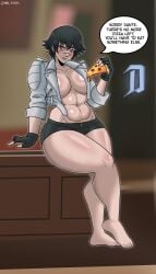 1girls almost_naked barefoot before_sex big_ass big_breasts big_thighs black_hair capcom comic comic_page devil_may_cry dialogue dialogue_bubble eating feet gloves heterochromia jacket jacket_open lady_(devil_may_cry) light-skinned_female light_skin looking_at_viewer mr_foxy15 muscular muscular_female office pizza pov short_hair shorts smile table