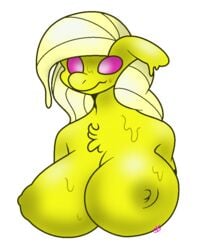 1girls anthro areolae big_breasts blonde_hair breasts fan_character female female_only furry hair huge_breasts large_breasts my_little_pony nipples nude pink_eyes pupilless_eyes purple_sclera razzlespup slime smirk solo yellow_fur yellow_slime