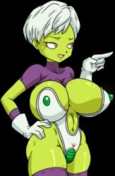 breasts cheelai dragon_ball_super green_skin open_mouth pink_eyes white_hair