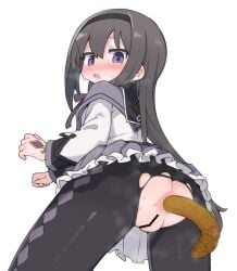 akemi_homura akemi_homura_(magical_girl) anus argyle_clothes argyle_legwear ass ass_focus bar_censor black_hair black_pantyhose black_shirt blush capelet censored ears_visible_through_hair embarrassed female frilled_skirt frills from_below hairband highres long_hair long_sidelocks long_sleeves looking_back looking_down magical_girl mahou_shoujo_madoka_magica no_panties open_mouth pantyhose purple_capelet purple_eyes purple_ribbon purple_skirt pussy raised_eyebrows ribbon scat shirt shit sidelocks simple_background skirt solo soul_gem sweat tareme thick_thighs thighs torn_clothes torn_pantyhose upskirt user_zawh4338 vest white_background white_vest