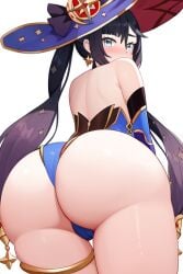 ai_generated ass_focus big_ass black_clothing blue_clothing blue_eyes blush bodysuit dark_hair earrings genshin_impact hair_ornament hat long_hair looking_at_viewer looking_back mona_(genshin_impact) novelai see-through_panties shy_gal solo_female solo_focus thick_thighs thong white_background