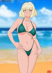 1girls absurd_res absurdres alternate_costume aurastudio bare_shoulders beach beach_background bikini bikini_thong blonde_hair blue_bikini blush blushing_at_viewer blushing_female cameltoe cleavage collarbone female female_focus female_only freckles green_eyes hand_on_hip huge_breasts jackie_lynn_thomas large_breasts male_pov navel oblivious ocean ocean_background patreon patreon_username pinup short_hair smiling_at_viewer solo_female solo_focus standing star_vs_the_forces_of_evil text tomboy underboob watermark wholesome wide_hips