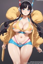 ai_generated areola_slip areolae bangs bare_shoulders bikini black_hair blue_eyes blue_nails blue_shorts blunt_bangs blush breasts cameltoe clavicle cleavage closed_mouth clothing curvaceous denim_shorts elesa_(pokemon) elesa_(pokemon_bw2) erect_nipples eyelashes female female female_only hair_ornament headphones holding huge_breasts jacket jousneystudio large_breasts lips long_hair long_sleeves looking_at_viewer midriff mole mole_on_breast nail_polish navel nipples off_shoulder open_clothes open_jacket parted_lips pokemon pokemon_(game) pokemon_bw pokemon_bw2 pokemon_character shiny_skin shirt short_shorts shorts sidelocks skindentation smile solo standing stomach swimsuit thick_thighs thigh_gap thighs thong tied_hair twintails underwear unzipped very_long_hair wardrobe_malfunction wide_hips yellow_coat yellow_jacket