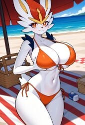 ai_generated anthro big_breasts bikini breasts cinderace cleavage creatures_(company) female female_focus female_only furry game_freak gamefreak kemonogirls large_breasts nintendo orange_bikini orange_eyes orange_swimwear pokemon pokemon_(species) revealing_clothes solo swimsuit swimwear thick_thighs thighs white_fur