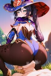 aether_(genshin_impact) ai_generated ass ass_focus ass_on_face blush bodystocking clothed_facesitting clothing crushed_by_ass face_in_ass facesitting genshin_impact happy heavy_breathing huge_ass looking_at_viewer mona_(genshin_impact) outdoors shiny_skin sitting_on_face sitting_on_person steam sweat tight_clothing witch_hat