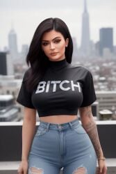 ai_generated big_breasts black_hair busty celebrity city_background denim denim_jeans jeans kylie_jenner realistic rich_bitch white_girl