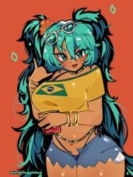 1girls :3d beads beer belly belly_button big_breasts brazil brazilian brazilian_female brazilian_flag brazilian_miku breasts cleavage clothed clothing female female_only hatsune_miku mistysnugglebug tan_body tan_lines tan_skin tanline tanlines vocaloid waist_beads