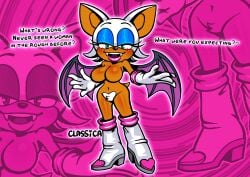 big_breasts blush boots classica_p dialogue elbow_gloves eyeshadow fangs featureless_breasts fur_pattern furry lipstick mostly_nude rouge_the_bat sega sonic_(series) white_fur wings