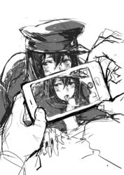 akitsu_maru_(kantai_collection) black_hair blush cellphone fellatio hat highres kantai_collection licking monochrome oral osakana_(denpa_yun'yun) phone recording short_hair sketch smartphone tongue