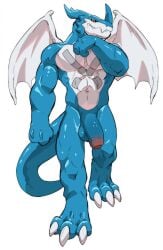 abs anthro balls bandai_namco blue_body claws digimon digimon_(species) exveemon facial_horn genitals hi_res horn male muscular muscular_anthro muscular_male negy nose_horn pecs penis solo tail wings