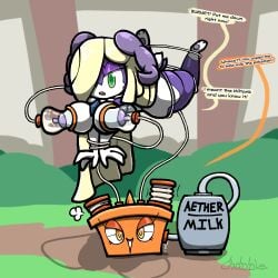 aether_foundation arms_tied blonde_hair burnet_(pokemon) chabble green_eyes indeedee lactating lactation lusamine_(pokemon) milk milk_squirt milking milking_machine pokemon pokemon_(species) pokemon_sm purple_body rotom shortstack tied_up yellow_eyes