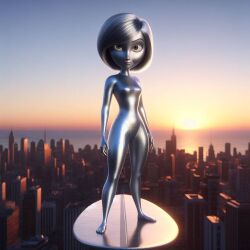 city_background helen_parr marvel marvel_comics metallic_body no_nipples pixar silver_skin silver_surfer superheroine surfboard the_incredibles