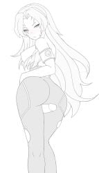 blush bodysuit gebura_(lobotomy_corporation) jacket lobotomy_corporation long_hair looking_back project_moon round_ass scar_on_face thick_thighs thigh_sex