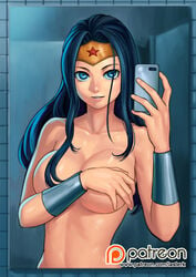 alternate_hair_color artist_name blue_eyes blue_eyes_female blue_hair blue_hair_female bracelets breasts cellphone circlet covering covering_breasts dark_blue_hair dc_comics diadem diana_prince female female_only human large_breasts lasterk long_blue_hair long_hair looking_at_viewer medium_shot mirror nude patreon patreon_logo selfie smile solo standing superheroine wonder_woman wonder_woman_(series)