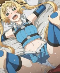 angelica_diarmuit bed bed_sheet blonde_hair clothed_sex clothing_aside green_eyes navel panties panties_aside pillow shinmai_ossan_bokensha tomu_(tomubobu) twintails underwear