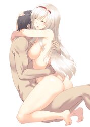 1boy 1girls anna_(sennen_sensou_aigis) arched_back areolae arms_around_neck ass bangs bare_legs bare_shoulders barefoot big_ass black_hair bottomless breasts bubble_butt closed closed_eyes completely_nude embrace eyebrows_visible_through_hair faceless_male female female_focus full_body hairband hand_on_another's_head hand_on_back hand_on_head hand_on_hip happy hug large_breasts light-skinned_female long_hair muscular_male nakadori_(movgnsk) nipples no_bra no_panties nude open_mouth open_smile raised_eyebrows sennen_sensou_aigis sideboob silver_hair simple_background sitting sitting_on_person smile soles straddling swept_bangs thick_thighs thighs tiptoes toes topless upright_straddle waist_grab white_background white_hair white_skin