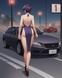 1girls ai_generated ass ass_focus back_view backless_dress backless_outfit bare_arms bare_shoulders car dress facing_away from_behind full_body gluteal_fold halterneck high_heels komi-san_wa_komyushou_desu komi_shuuko mature_female milf night notreallyhere outdoors pelvic_curtain purple_dress purple_hair short_hair shoulder_blades shoulders solo walking