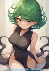 ai_generated bed bedroom big_breasts black_outfit blush green_eyes green_hair hair_down looking_at_viewer one-punch_man short_hair sitting sleeveless slimetenshi tatsumaki terrible_tornado tornado_of_terror