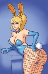 1girls ass big_ass big_breasts blonde_hair blue_eyes breasts bunny_ears bunnysuit female hand_on_ass hand_on_butt large_ass large_breasts metroid nintendo samus_aran solo solo_female thick_thighs thighs tilio