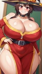 ai_generated alternate_breast_size bangs blush breasts brown_hair choker dress female hair hat hips huge_breasts kono_subarashii_sekai_ni_shukufuku_wo! looking_at_viewer megumin only red red_eyes short skin smile thick_thighs thighs wide witch