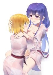 absurdres aged_up blonde_hair blue_hair dconan_owo furude_rika highres higurashi_no_naku_koro_ni higurashi_no_naku_koro_ni_mei hime_cut houjou_satoko japanese_clothes kimono licking licking_nipple long_hair long_sleeves nipple_stimulation open_clothes open_kimono purple_eyes pussy_juice red_eyes saliva saliva_drip short_hair very_long_hair yuri