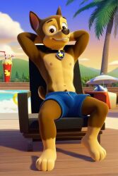 1boy ai_generated arms_behind_head barefoot beach_chair brown_eyes chase_(paw_patrol) cloud day front_view furry grin luxeraora10 lying male_only nude_male paw_patrol pubic_hair shorts sky solo_male topless_male tree,