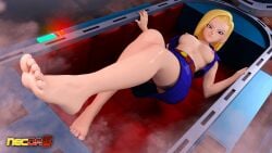 1female 3d 3d_(artwork) android_18 bare_legs barefoot blonde_hair blue_eyes breasts dragon_ball looking_at_viewer necdaz91 pink_toenails