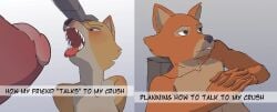 animated anthro blush bodily_fluids brown_body canid canine comic cuckold cum cum_on_face cumshot cumshot_on_face duo ejaculation female genital_fluids genitals grey_body hi_res infidelity male male/female mammal penis red_penis snachsugar text