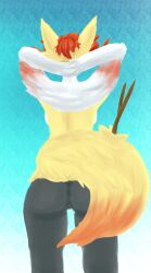 absurd_res anthro ass braixen breasts canid canine female fluffy fluffy_tail fur generation_6_pokemon genitals hair hands_behind_head hi_res hishon_fox looking_away mammal nintendo nude original_character(s) pokemon pokemon_(species) pussy raised_arms rear_view simple_background solo tail white_body white_fur yellow_body yellow_fur