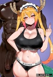 ai_generated big_breasts black_panties blacked blacked_clothing blonde_hair censored dragon_girl dragon_horns dragon_tail fangs gym_uniform hi_res huge_ass huge_breasts interracial kobayashi-san_chi_no_maidragon large_breasts light-skinned_female light_skin looking_at_viewer maid maid_headdress middle_finger orange_eyes pale-skinned_female pale_skin panties peropero purple_background qos qos_clothing queen_of_spades slit_pupils smile smug smug_face smug_grin snowbunny solo solo_female sports_bra sportswear standing tohru_(dragon_maid)