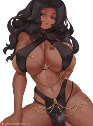 artofalva bare_shoulders black_hair blue_eyes breasts cleavage dark-skinned_female dark_skin huge_breasts long_hair midriff navel original patreon_username pelvic_curtain revealing_clothes smile solo