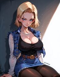 1girls ai_generated android android_18 blonde_hair blue_eyes bob_cut dragon_ball_z female fr34ky huge_breasts light-skinned_female looking_at_viewer medium_hair naughty_face pale-skinned_female petite seductive_eyes seductive_look seductive_smile sitting slim