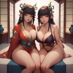 ai_generated black_hair cleavage cute_face eogard_orc hinoa huge_breasts minoto monster_hunter_rise seductive sitting thick_thighs