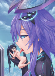 2girls ass breasts destruction female finger_licking giantess licking long_hair multiple_girls neptune_(neptunia) neptunia_(series) next_purple nipples noire nude open_mouth purple_heart_(neptunia) tongue tongue_out very_long_hair yuri