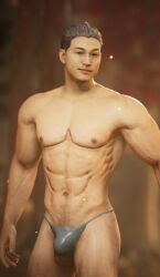 bulge_through_clothing handsome handsome_man haviksluz kung_lao male male_focus male_only mortal_kombat mortal_kombat_1_(2023) netherrealm_studios scantily_clad skimpy_underwear smirking