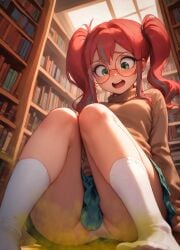 1girls ai_generated big_ass big_butt embarrassed eretiri fart fart_cloud fart_fetish farting female female_only freckles glasses library panties red_hair school_uniform schoolgirl skirt smell stockings thighs