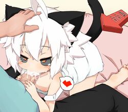 animal_ears barefoot black_sclera cat_ears cat_tail cum cum_in_mouth fellatio female nipples oral original penis sweat tail teranekosu white_hair yellow_eyes