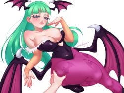 1girls 2024 armwear bat_print big_breasts blush capcom darkstalkers eyelashes female female_only green_eyes green_hair head_wings hi_res leotard long_hair looking_at_viewer morrigan_aensland narrowed_eyes nerasberrg pantyhose purple_pantyhose smiling smiling_at_viewer smug solo succubus succubus_wings thick_thighs thigh_grab white_background wide_hips wings