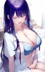 ai_generated aqua_bra aqua_panties bare_belly bare_legs bare_thighs belly_button big_breasts blush bra breasts cleavage closed_eyes collarbone female_masturbation hoshino_ai long_hair masturbation open_mouth open_shirt oshi_no_ko panties purple_hair setsuaiart shiny_skin sitting sweatdrop thighs underwear