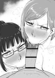 1boy 2girls :>= absurdres asian asian_female big_breasts blowjob blowjob_face blush breasts cleavage fog furrowed_brow glasses highres jujutsu_kaisen kaiman_garupan kugisaki_nobara monochrome multiple_girls nude nude_female oral penis ponytail saliva saliva_on_penis short_hair straight sweat testicle_sucking white_background zenin_maki