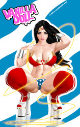 2012 biceps black_hair blue_eyes bracers breasts cleavage crouching dc_comics eyeliner fat_mons female flowermilk high_heels large_breasts lasso long_hair looking_at_viewer makeup navel_piercing open_toe_shoes pale_skin partially_visible_vulva platform_heels pussy skimpy solo solo_focus thick_thighs thighhighs thighs tiara vambraces vanilla_doll wonder_woman wonder_woman_(series)