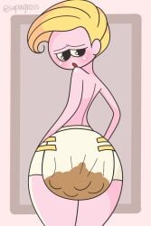 abdl ambiguous_gender anus asshole blonde_hair blush bubble_butt diaper diaper_fetish femboy femboy_focus femboy_only looking_back messing messy messy_diaper original_character pink_skin scat soiling soiling_diaper supagross