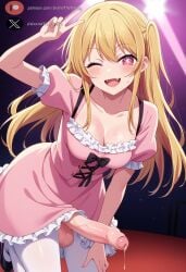 1futa ai_generated blonde_hair dickgirl erect_penis erection futa_only futa_sans_pussy futanari hoshino_ruby huge_cock oshi_no_ko peace_sign pink_eyes roxygtf