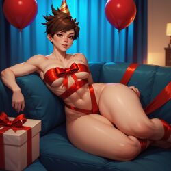 ai_generated balloons big_ass birthday birthday_hat eogard_orc gift_box gift_wrapped laying_on_side looking_at_viewer naked_female overwatch overwatch_2 thick_thighs tracer